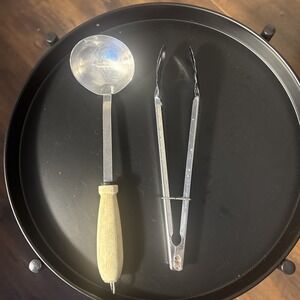 Stainless Steel Ladle Wooden Handle & Tongs Utensil Bundle Lot Kitchen Cookware